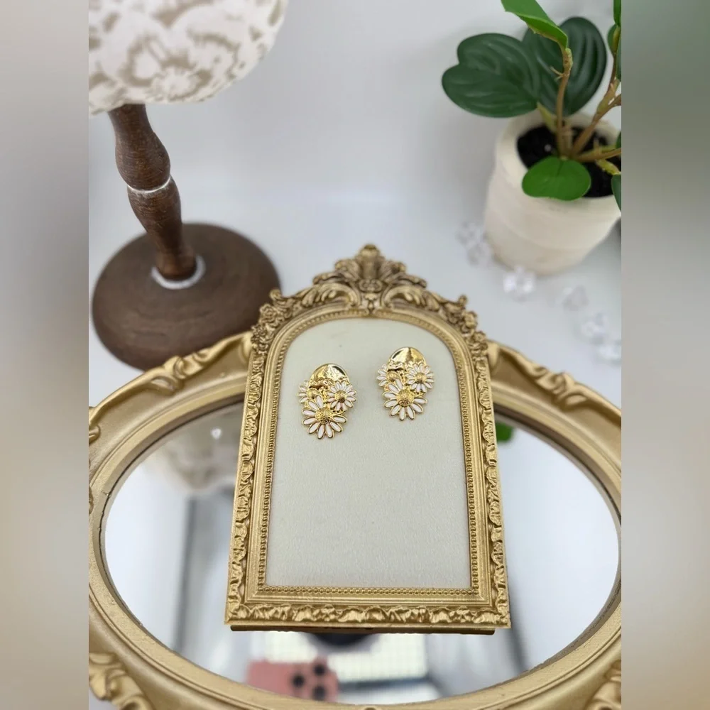 Gold Daisy Statement Earrings – Enamel Floral Drops | PVD Real Gold Plated - Picture 9 of 11
